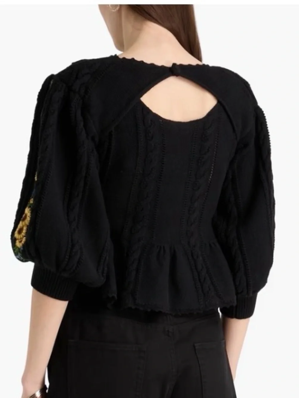 Farm Rio Black Embroidered Sunflower Cable Knit Peplum Sweater Top NWT Medium - Picture 2 of 13